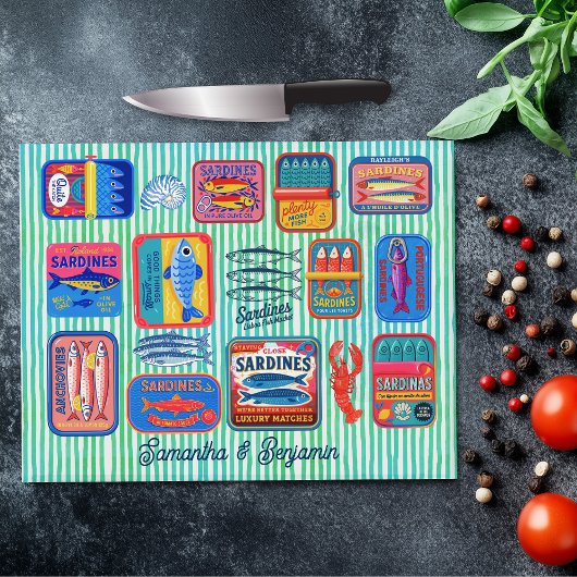 Cute sardines cans crustaceans blue striped カッティングボード