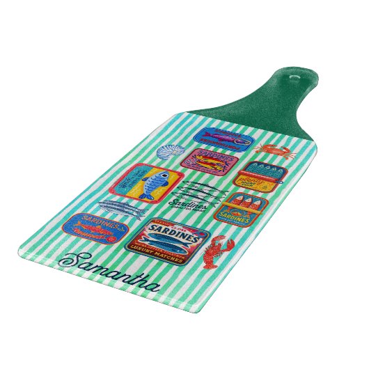 Cute sardines cans crustaceans mint striped long カッティングボード (角)