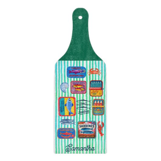 Cute sardines cans crustaceans mint striped long カッティングボード (正面)