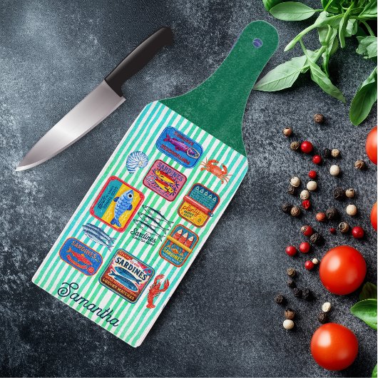 Cute sardines cans crustaceans mint striped long カッティングボード