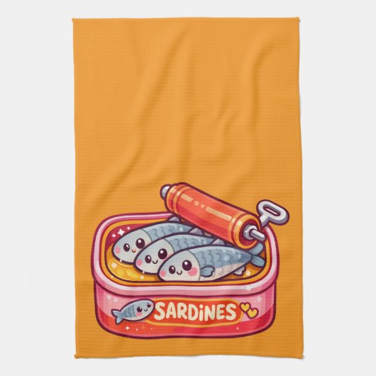 Cute Sardines Fish Cartoon キッチンタオル (縦)