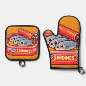 Cute Sardines Fish Cartoon 鍋つかみ&鍋敷きセット (正面)