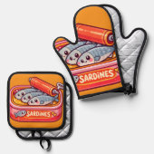 Cute Sardines Fish Cartoon 鍋つかみ&鍋敷きセット (正面/裏面)