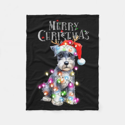 Cute Schnauzer Christmas Lights Xmas Dog Santa Hat フリースブランケット (正面)