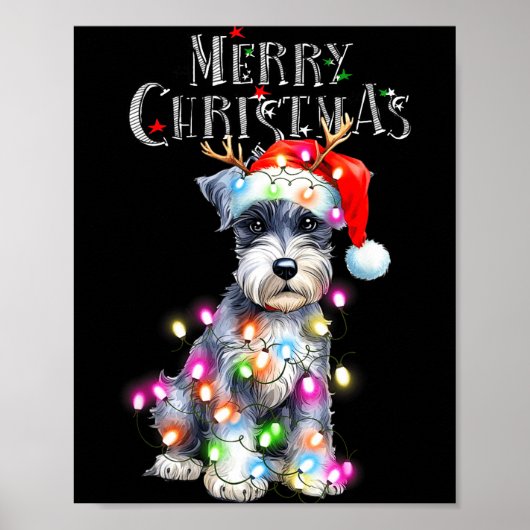 Cute Schnauzer Christmas Lights Xmas Dog Santa Hat ポスター (正面)
