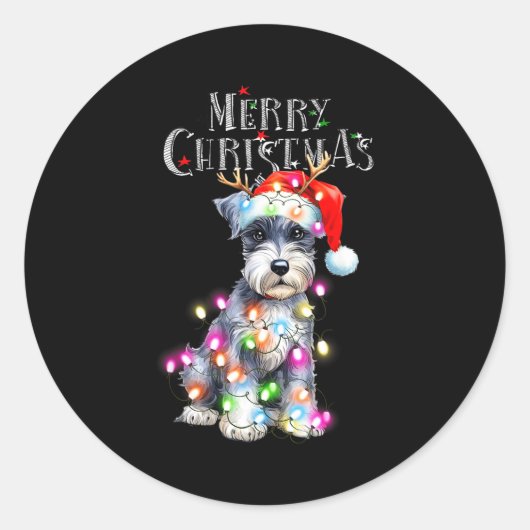 Cute Schnauzer Christmas Lights Xmas Dog Santa Hat ラウンドシール (正面)