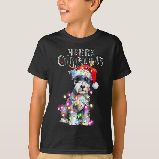 Cute Schnauzer Christmas Lights Xmas Dog Santa Hat Tシャツ (正面)