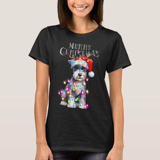 Cute Schnauzer Christmas Lights Xmas Dog Santa Hat Tシャツ (正面)