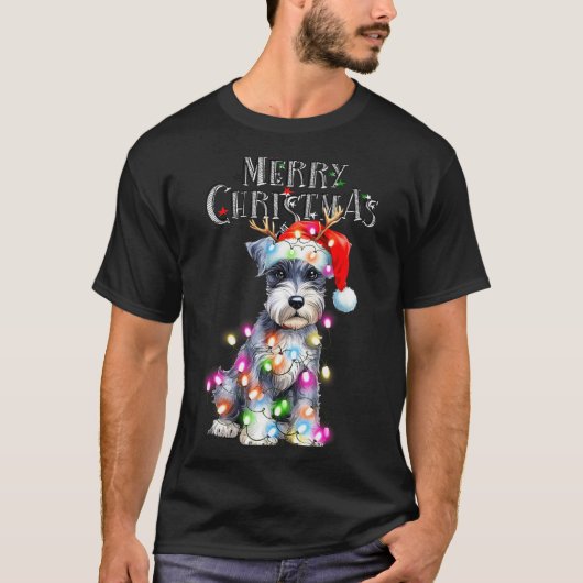 Cute Schnauzer Christmas Lights Xmas Dog Santa Hat Tシャツ (正面)