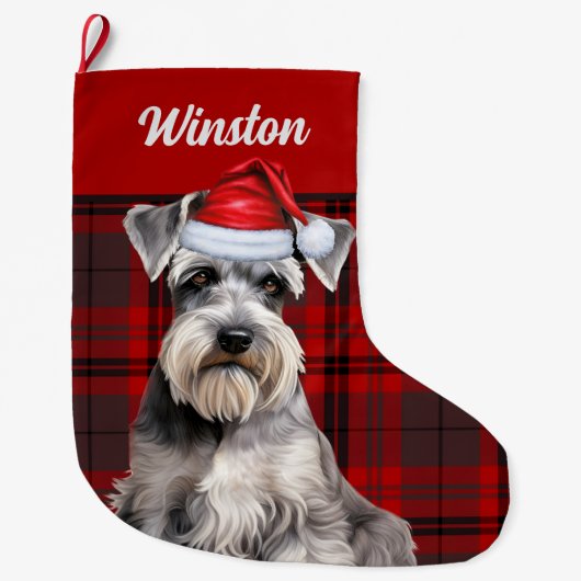 Cute Schnauzer Dog Holiday Plaid Personalized ラージクリスマスストッキング (正面)