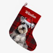 Cute Schnauzer Dog Holiday Plaid Personalized ラージクリスマスストッキング (正面 (吊り時))