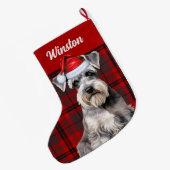 Cute Schnauzer Dog Holiday Plaid Personalized ラージクリスマスストッキング (裏面 (吊り時))