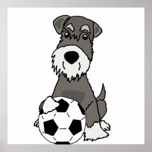 Cute Schnauzer Dog Playing Soccer Cartoon ポスター