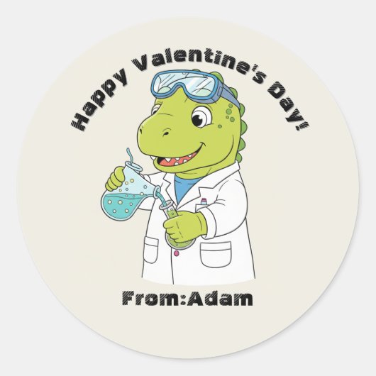 Cute scientist dinosaur  Valentine  ラウンドシール (正面)