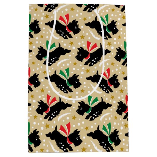 Cute Scottie Dog Fun Snow Pattern Gold Christmas ミディアムペーパーバッグ (正面)