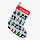 Cute Scottie Dogs and Christmas Trees Personalised スモールクリスマスストッキング (正面 (吊り時))