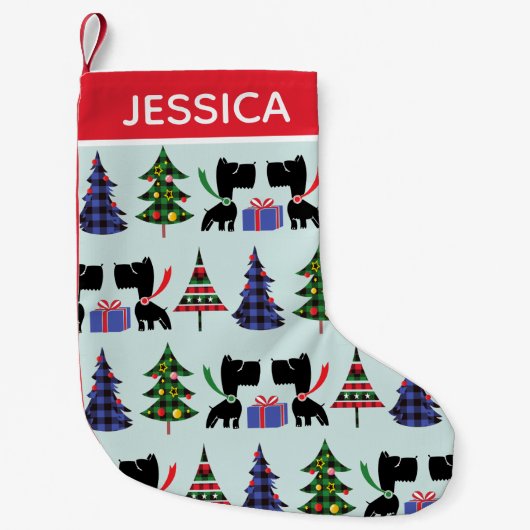 Cute Scottie Dogs and Christmas Trees Personalised スモールクリスマスストッキング (正面)