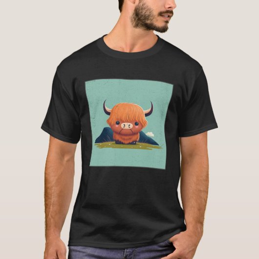 Cute Scottish Highland Cow Illustration Little Hor Tシャツ (正面)