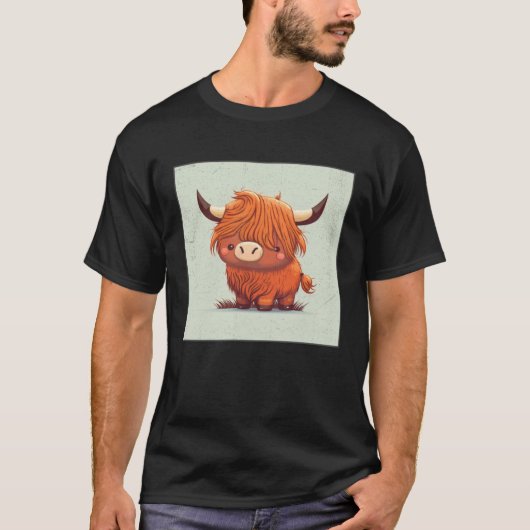 Cute Scottish Highland Cow Illustration Little Hor Tシャツ (正面)