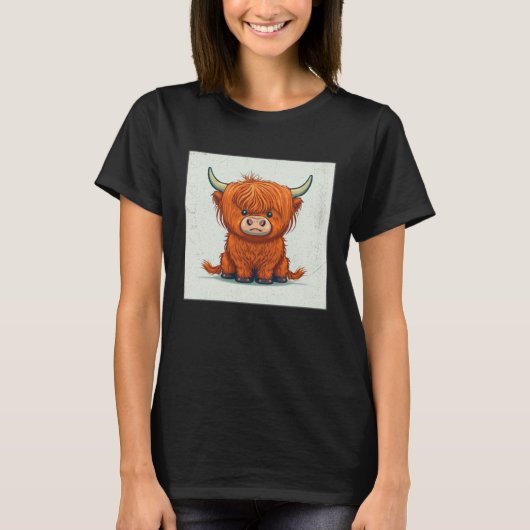 Cute Scottish Highland Cow Illustration Little Hor Tシャツ (正面)