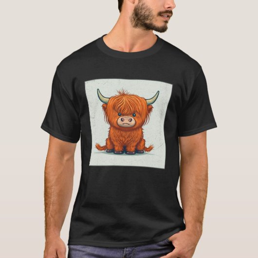 Cute Scottish Highland Cow Illustration Little Hor Tシャツ (正面)