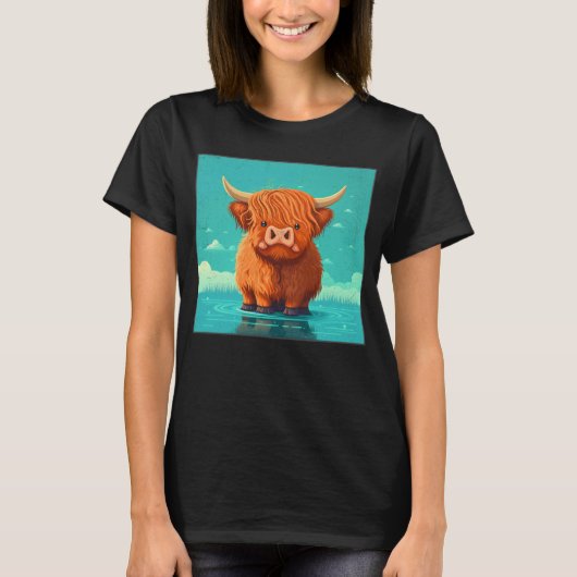 Cute Scottish Highland Cow Illustration Little Hor Tシャツ (正面)