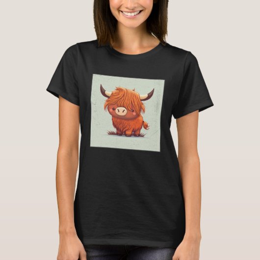 Cute Scottish Highland Cow Illustration Little Hor Tシャツ (正面)