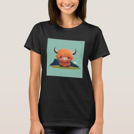 Cute Scottish Highland Cow Illustration Little Hor Tシャツ (正面)