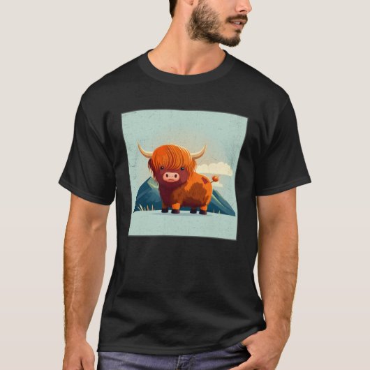 Cute Scottish Highland Cow Illustration Little Hor Tシャツ (正面)