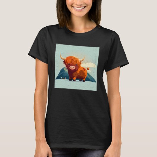 Cute Scottish Highland Cow Illustration Little Hor Tシャツ (正面)