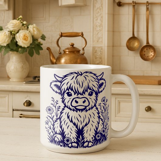 Cute Scottish Highland Cow & Wildflowers コーヒーマグカップ