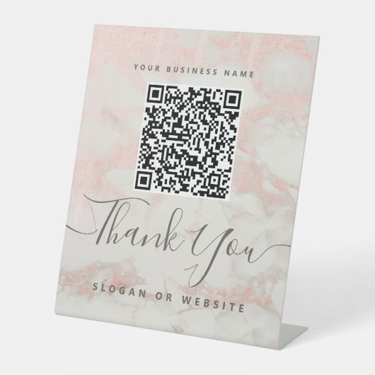 Cute Script Marble Pink Qr Code Contactless Pay 台座サイン (正面)