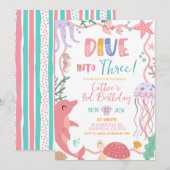 Cute Sea Animals Dive into Birthday invitation 招待状 (正面/裏面)