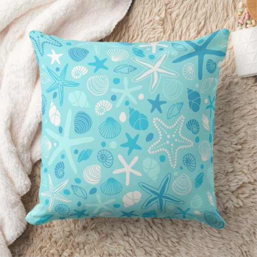 Cute Sea Pattern Pillow, Turquoise Coastal Decor クッション (ブランケット)