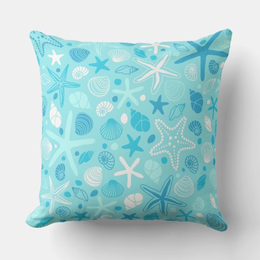 Cute Sea Pattern Pillow, Turquoise Coastal Decor クッション (正面)