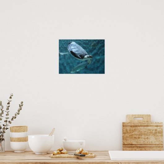 Cute Sea Turtle and  Fish Swimming Poster ポスター (キッチン)