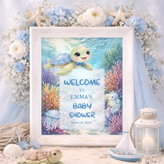 Cute Sea Turtle Boy Baby Shower Welcome ポスター
