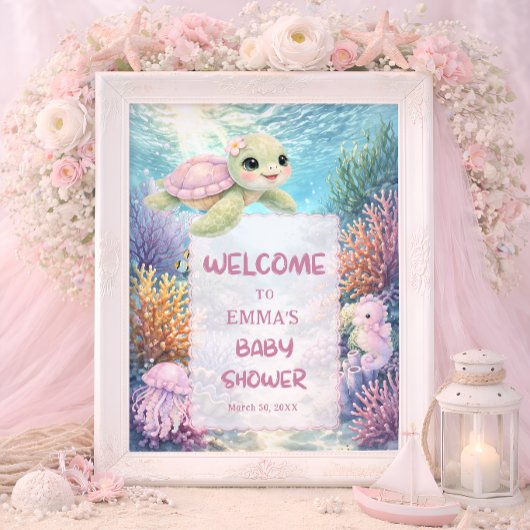 Cute Sea Turtle Girl Baby Shower Welcome ポスター