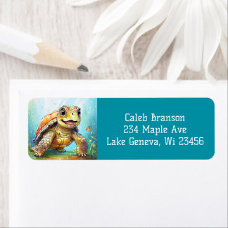 Cute Sea Turtle in the Ocean Cartoon ラベル