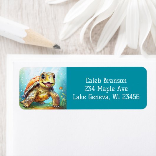 Cute Sea Turtle in the Ocean Cartoon ラベル (インサイチュ)