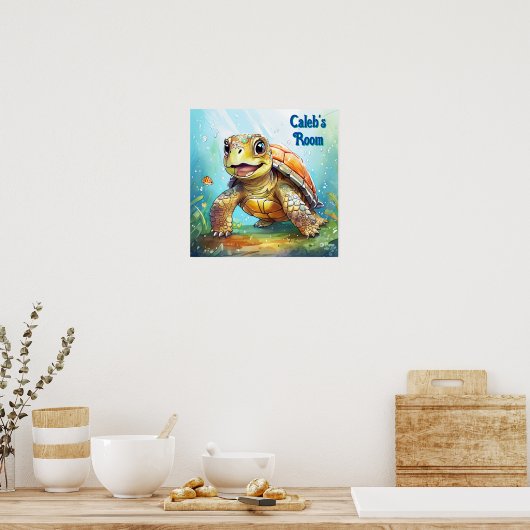 Cute Sea Turtle in the Ocean Cartoon Personalized ポスター (キッチン)