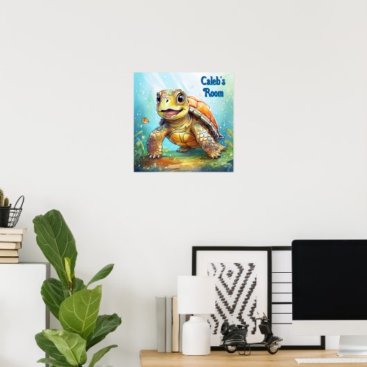 Cute Sea Turtle in the Ocean Cartoon Personalized ポスター (ホームオフィス)