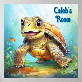 Cute Sea Turtle in the Ocean Cartoon Personalized ポスター (正面)
