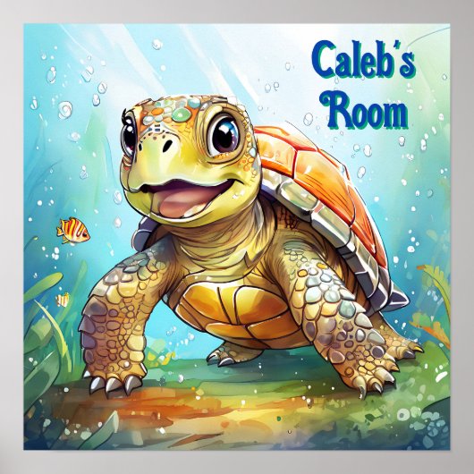 Cute Sea Turtle in the Ocean Cartoon Personalized ポスター (正面)