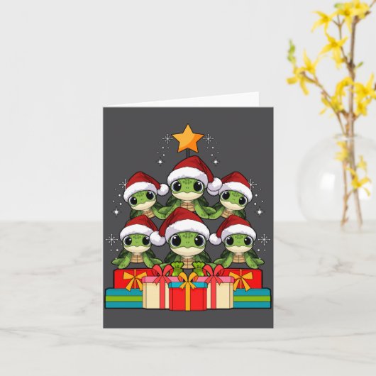 Cute Sea Turtle Le Ocean Christmas Tree Xmas Hat L カード (黄色い花)