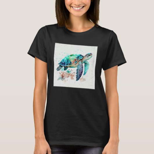 Cute Sea Turtle Paint Splatter Illustration Colorf Tシャツ (正面)
