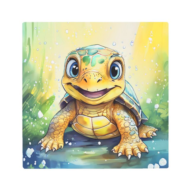 Cute Sea Turtle Under the Sea メタルプリント (正面)