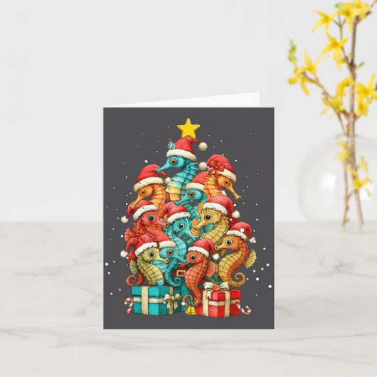 Cute Seahorse Le Sea Fish Christmas Tree Xmas Hat  カード (黄色い花)