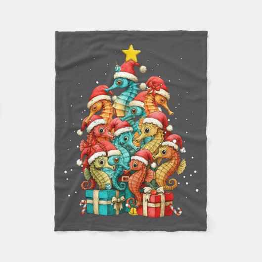 Cute Seahorse Le Sea Fish Christmas Tree Xmas Hat  フリースブランケット (正面)
