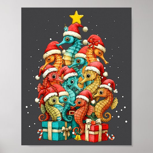 Cute Seahorse Le Sea Fish Christmas Tree Xmas Hat  ポスター (正面)